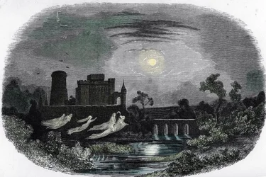 Representación de los fantasmas de los antiguos señores de Blandy volando alrededor de los muros del castillo, Blandy-les-Tours, Sena y Marne (fantasmas que rondan el castillo de Blandy les Tours, Sena y Marne) Grabado de "Mysteres des vieux chateaux de Fr