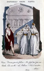 Representación de los intérpretes de la primera representación de "La Norma" de Vincenzo Bellini (1801 - 1835): de izquierda a derecha Domenico Donzelli (Pollione), Giuditta Grisi (Adalgisa) y Giuditta Pasta (Norma). 1833.