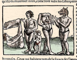 Representación de los monstruos descritos por Américo Vespucio (1451-1512): de izquierda a derecha: un monopodo, un cíclope, un hombre con dos cabezas, un hombre sin cabeza y un hombre con cabeza de perro o cinocefalo. Xilografía tomada de “Universal...