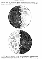 Representación de la luna. Lámina tomada de “Sidereus nuncius” (o “el mensajero celestial”) por Galileo Galilei