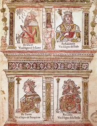 Representación de la página de los Reyes: Rey David, Rey Salomón, Rey Turno y Rey Lubba (Página de los reyes)