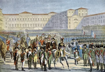 Revisión del ejército italiano pasada en Milán por el General Murat (1800) - litografía