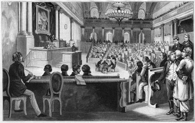 Revolución en Viena 1848 - La reunión de la primera Asamblea Constituyente Austriaca (Reichsversammlung), julio de 1848, en la Escuela Española de Equitación en Viena, Austria