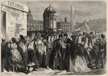Revolución de septiembre de 1868 en España (Gloriosa): lectura del manifiesto de la junta, en la calle de Alcalá en Madrid. Grabado en “L