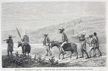 Richard Francis Burton, explorador británico (1821-1890), y sus compañeros en África. Dibujo que ilustra el artículo “El viaje del Capitán Burton a los Grandes Lagos de África 1857-59” - en “Tour du Monde”, 2º semestre 1860