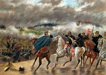 Campaña Italiana (1859): Víctor Manuel II durante la Batalla de San Martino liderando las tropas piamontesas contra el ejército austríaco el 24/06/1859. Colección Privada