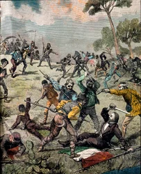 Risorgimento: el revolucionario italiano Carlo Pisacane (1818-1857) es asaltado por campesinos en Sapri el 28/06/1857
