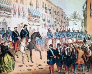 Risorgimento: La entrada en Milán de Víctor Manuel II, rey de Italia, y Napoleón III, emperador de los franceses, el 08/06/1859. Museo Nazionale del Risorgimento, Roma