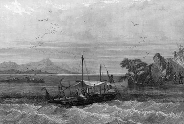 Robert Cavelier de La Salle (1643-1687) llega a la desembocadura del Mississippi, abril de 1675. En “Histoire générale de la marine” por Van Tenac