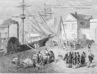 Robert Fulton (1765 - 1815), constructor estadounidense embarcado en el Clermont, un barco que construyó en 1807 para proporcionar la conexión Nueva York - Albany en el río Hudson. Grabado del siglo XIX.