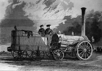 Locomotora de Robert Stephenson para el ferrocarril de Liverpool a Manchester en 1831 - grabado
