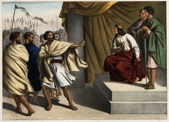 Roboam, el primer rey de Judá, desencadenó la revuelta de las diez tribus del norte (grabado anónimo de mediados del siglo XIX)