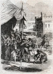 Roger (Ruggero, Ruggiero) desafía en batalla a Rodomonte - grabado de 1851 de 