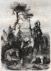 Roger (Ruggero, Ruggiero) usa el escudo encantado - grabado de 1851 de 