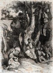 Roland y los siete bandidos de la cueva - grabado de 1851 de “Furious Roland” (Orlando furioso) (siglo XVI) por Ludovico Ariosto, conocido como el Ariosta - Edición traducida del italiano por el Conde de Tressan y publicada por Gustave Harvard