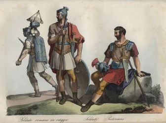 Soldados romanos y Guardia pretoriana - grabado de «Usi e Costumi di Tutti i Popoli dell