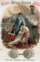 Dominación romana en Grecia: saqueo de Corinto por Lucio Mumio en 146 a. C. en la región de Acaya (Akhaia). En «Historia general de las monedas». Cromolitografía del chocolate Poulain de finales del siglo XIX. Colección privada.
