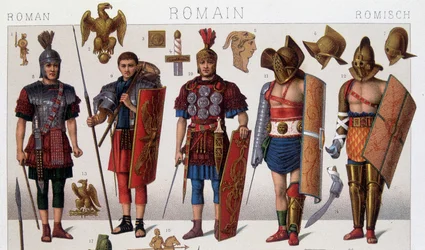 Trajes de gladiadores romanos y guerreros. Cromolitografía del siglo XIX
