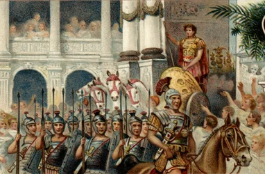Sistema político romano. El Emperador: Desfile en honor a las victorias del Emperador Romano Augusto (Octavio) ganadas en Actium, Panonia y Egipto. Cromolitografía de finales del siglo XIX.