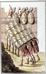 Soldados romanos (legión romana) maniobrando y defendiéndose con sus escudos. Grabado de principios del siglo XIX