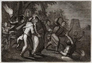 Biblia de Royaumont, Nuevo Testamento: arresto de Jesucristo o el beso de Judas. Los soldados vienen a arrestar a Cristo en el Huerto de los Olivos. San Pedro corta la oreja a uno de ellos. Ilustración de 1811.