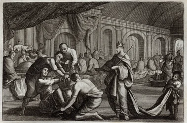 Biblia de Royaumont, Nuevo Testamento: Vestido de novia. Parábola de un Rey que hizo la boda de su hijo, de la cual rechazó a un hombre que no tenía el vestido de novia. Ilustración de 1811.