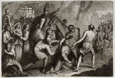 Biblia de Royaumont, Nuevo Testamento: Cargando la cruz (Vía Crucis). Jesucristo lleva su cruz al Monte Calvario con la ayuda de Simón de Cirene. Ilustración de 1811.