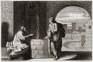 Biblia de Royaumont, Nuevo Testamento: Cristo y la samaritana en el pozo. Jesucristo convierte a una mujer samaritana. Ilustración de 1811