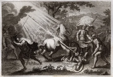 Biblia de Royaumont, Nuevo Testamento: Conversión de San Pablo en el camino a Damasco. Escucha la voz de Jesucristo que le dice "Saulo, Saulo, ¿por qué me persigues?" y un caballo cae. Ilustración de 1811