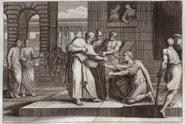 Biblia de Royaumont, Nuevo Testamento: Cornelio se bautiza. El centurión recibe la fe de Jesucristo y es bautizado por San Pedro. Ilustración de 1811.