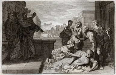 Biblia de Royaumont, Nuevo Testamento: Muerte de Ananías y su esposa Safira ante San Pedro y San Juan. Ilustración de 1811