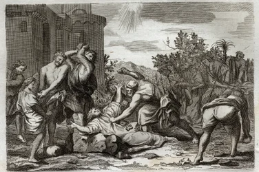 Biblia de Royaumont, Nuevo Testamento: Muerte de San Esteban, primer mártir cristiano, por lapidación. Ilustración de 1811.