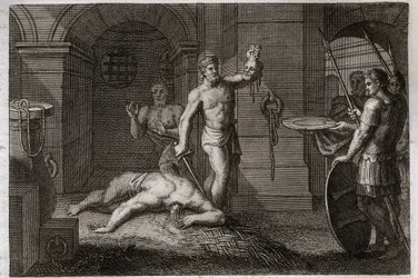 Biblia de Royaumont, Nuevo Testamento: Decapitación de San Juan Bautista. Se pone su cabeza en un plato. Ilustración de 1811.