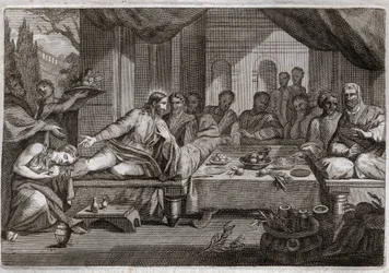Biblia de Royaumont, Nuevo Testamento: Cena en casa de Simón el Fariseo. María Magdalena fue a llorar a los pies de Jesucristo en casa de Simón el Fariseo y obtuvo el perdón de sus pecados. Ella unge los pies de Cristo con ungüento y los seca con su cabell