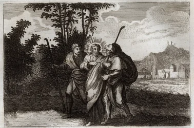 Biblia de Royaumont, Nuevo Testamento: Discípulos de Emaús. Los dos discípulos de Emaús se encuentran con el Cristo resucitado. Ilustración de 1811.