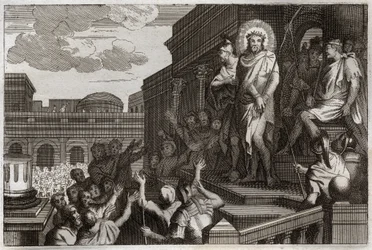 Biblia de Royaumont, Nuevo Testamento: Ecce homo. Poncio Pilato (Poncio Pilato) presenta a Jesucristo con espinas a la multitud diciendo, “Aquí está el Hombre”. Ilustración de 1811.