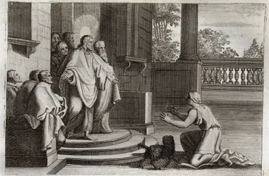 Biblia de Royaumont, Nuevo Testamento: Jesucristo y la mujer de Canaán (La Cananea o la mujer extranjera). Una campesina pide ayuda al Señor para curar a su hija. Cristo le respondió: “Solo fui enviado a las ovejas perdidas de la casa de Israel”. Ilustraci