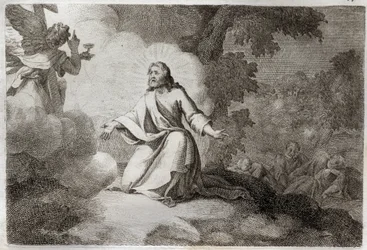 Biblia de Royaumont, Nuevo Testamento: Jesucristo en el Jardín (oración en el Monte de los Olivos). Un ángel con un cáliz aparece a Jesús. Los apóstoles San Pedro, San Juan y Santiago están dormidos. Ilustración de 1811