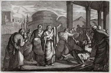 Biblia de Royaumont, Nuevo Testamento: Cojo curado. San Pablo cura a un cojo y detiene a un pueblo que quería sacrificarle como a un dios. Ilustración de 1811.