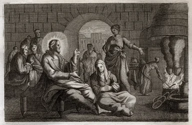Biblia de Royaumont, Nuevo Testamento: Marta y María. Jesucristo entra en la casa de Marta, quien se apresura a recibirlo mientras su hermana, María de Betania, escucha su palabra. Ilustración de 1811