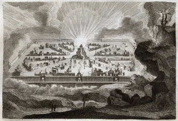 Biblia de Royaumont, Nuevo Testamento: Nueva Jerusalén. El ángel muestra a San Juan la Nueva Jerusalén. Ilustración de 1811.