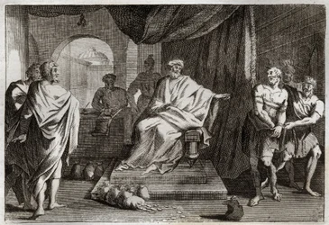 Biblia de Royaumont, Nuevo Testamento: Parábola de los Talentos. Un amo castiga a uno de sus siervos que escondió el dinero que le dio. Ilustración de 1811.