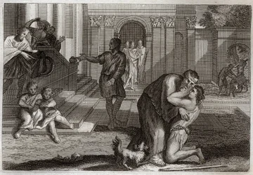 Biblia de Royaumont, Nuevo Testamento: Parábola del hijo pródigo. El hijo regresa a casa después de haber perdido todas sus posesiones. Viene a pedir perdón a su padre. Ilustración de 1811