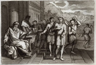 Biblia de Royaumont, Nuevo Testamento: Parábola de los trabajadores de la viña o parábola de los trabajadores de la undécima hora. Trabajadores que el Padre de familia envía a trabajar en su viña. Ilustración de 1811.