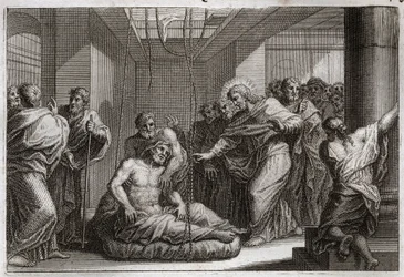 Biblia de Royaumont, Nuevo Testamento: Paralítico. Jesucristo llama a San Mateo y cura a un paralítico en Cafarnaúm. Ilustración de 1811