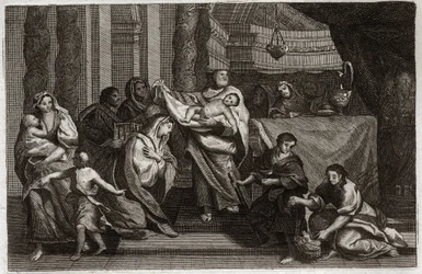 Biblia de Royaumont, Nuevo Testamento: Purificación de la Virgen o presentación en el Templo. La Sagrada Familia ofrece a Jesucristo en el Templo y lo entrega a Simeón (o Simón). Una mujer sostiene dos palomas en una cesta. Ilustración de 1811