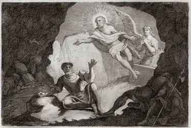 Biblia de Royaumont, Nuevo Testamento: Resurrección. Jesucristo resucita de su tumba ante el asombro de los soldados romanos que se habían quedado dormidos. Ilustración de 1811