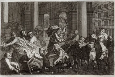 Biblia de Royaumont, Nuevo Testamento: Expulsión de los vendedores del Templo. Jesucristo expulsa del Templo a aquellos que lo profanaban con su comercio. Ilustración de 1811