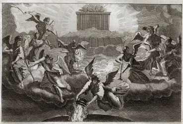 Biblia de Royaumont, Nuevo Testamento: Siete Ángeles tocando las trompetas del Apocalipsis después de la apertura del séptimo sello del libro por el Cordero. Otro ángel toma un incensario, lo llena con el fuego del Altar y lo arroja sobre la tierra. Ilustr