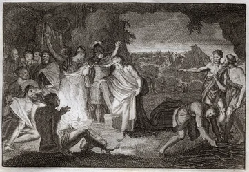Biblia de Royaumont, Nuevo Testamento: El naufragio de San Pablo. Es mordido por una víbora sin sufrir daño alguno. Ilustración de 1811.